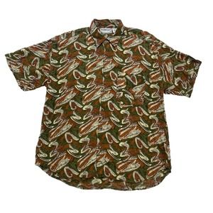 Vintage Mainport Shirt Mens Large L Green Brown Abstract Print Button Up Rayon